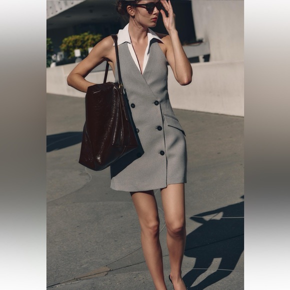 NWT Zara Houndstooth Collared Mini Halter Double breasted Suit Dress XS 9068/589 - Picture 2 of 7